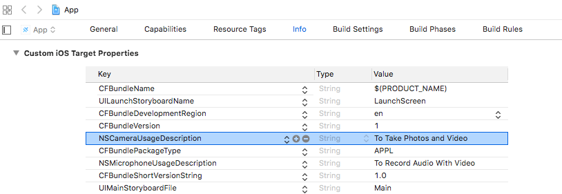 Xcode Info.plist Configuration The Info.plist file in Xcode showing the NSCameraUsageDescription key added for camera access.